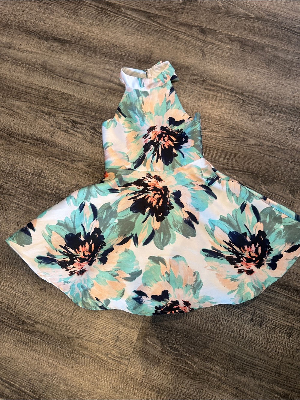 Zunie Girls Floral Halter Dress in Aqua, Peach, Navy and Cream